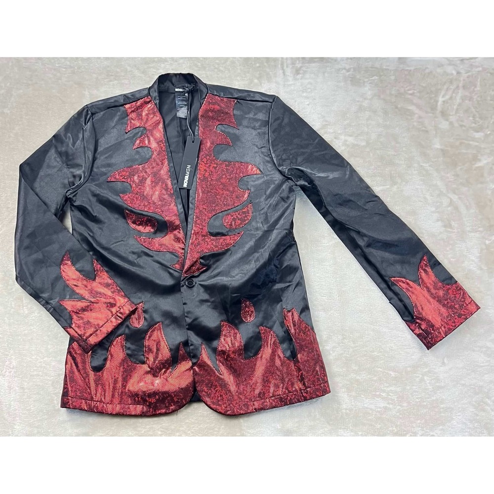 NWT Fashion Nova Men Black Red Metallic Flame Blazer Jacket PKM2269 S